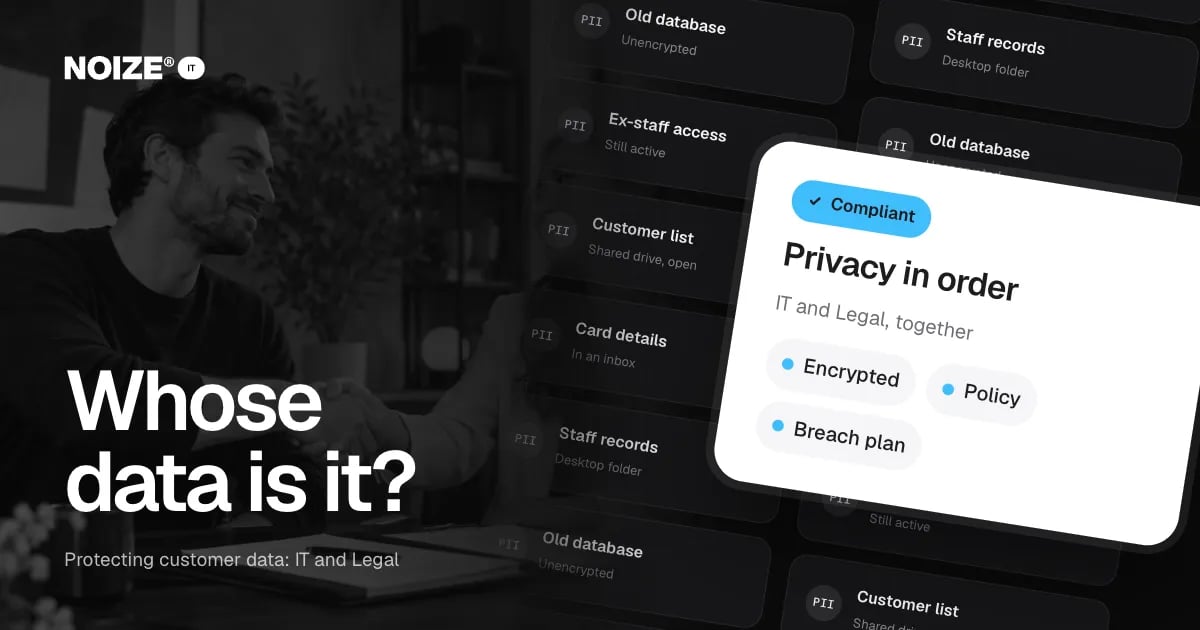 A wall of exposed customer data risks, beside a white Privacy in order card: encrypted, policy, breach plan.